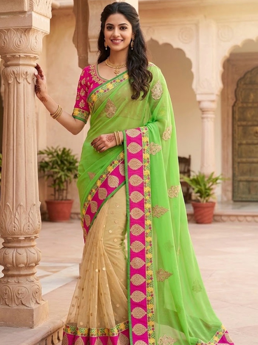 ✨ Brand New Designer Bollywood Lime Green & Cream Embellished Half-and-Half Sari